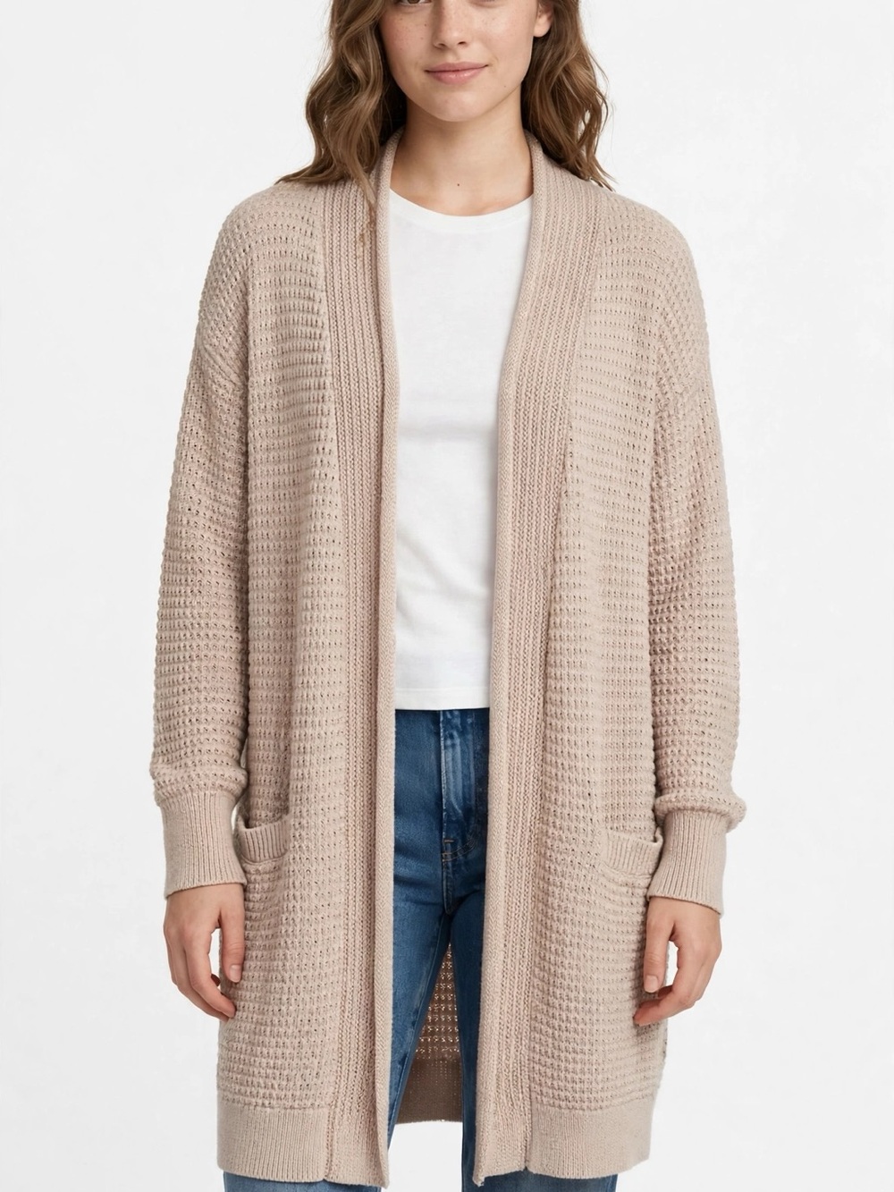 Skin Open-Front Waffle Knit Cardigan - Beige 100% COTTON ONE SIZE FITS MOST